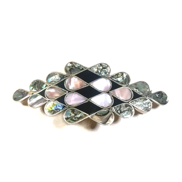 Abalone Shell Hair Barrettes Tension Clip Black Inlay Alpaca Mexico - Picture 2 of 8